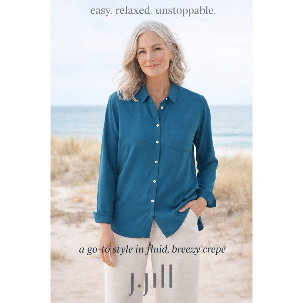 NWT J Jill Top S Persian Blue Teal Career Button Up Long Sleeves Flowy Collar
